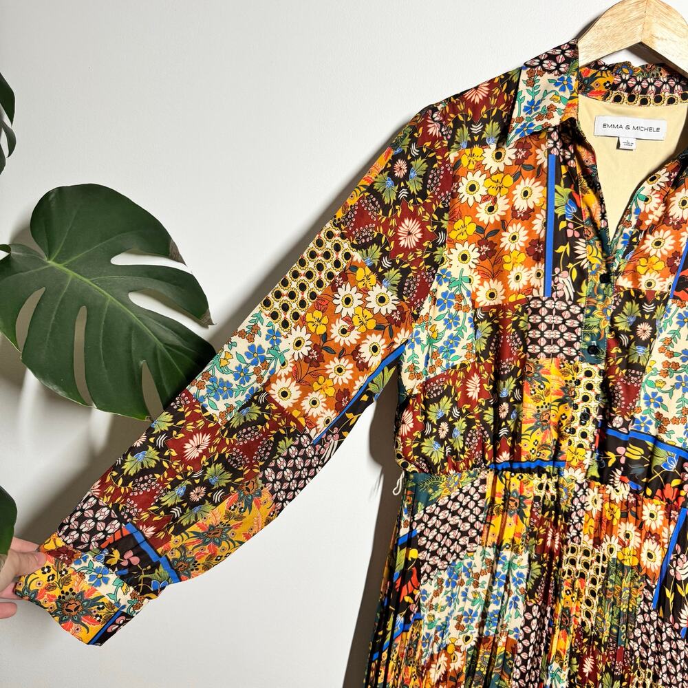 Emma & Michele‎ Women L Long Sleeve Scarf Patchwork Pleated Midi Shirtdress - Picture 7 of 9